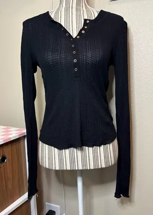 Free people bohochic Black LongSleeve Waffle Henley Top casual fall dark coquett thumbnail 1