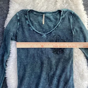 American Age Blue Green Long Sleeve Henley Top Fleur De Lis Y2k Grunge Fairy Alt thumbnail 7