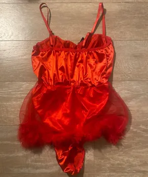 Little red riding Devil lace up corset bodysuit sheer feather skirt bra lingerie set S NEW thumbnail 4