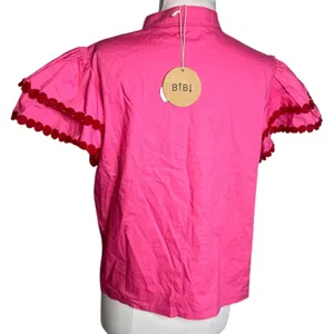 NWT Bibi Pink V Neck‎ Poplin Blouse puff shoulder Sz S thumbnail 4