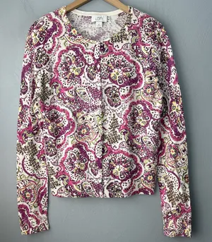Ann Taylor LOFT Cardigan Size Medium Paisley Pima Cotton Sweater Preppy Office thumbnail 1