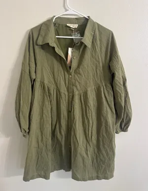 New In Olive Green Babydoll Tunic Dress Long Sleeve Button Down‎ Small NWT thumbnail 1