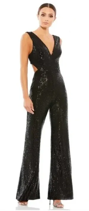 Ieena for Mac Duggal Jumpsuit 26691 Sequin Cut Out Wide Leg‎ Black Size 4 thumbnail 1