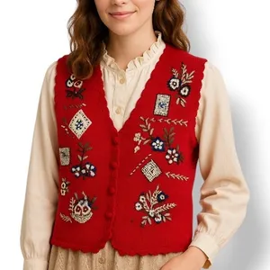 Vintage Red Embroidered Knit Sweater Vest Floral Cottagecore Medium Plaid Floral thumbnail 9