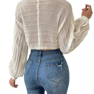 SheIn Boho Cream Lightweight Long Sleeve Top Lace Up Gauze With Crochet Trim Sz L thumbnail 3