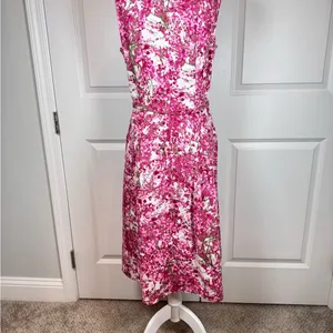 Pink Floral Linen Belted Midi Dress Sleeveless Summer Garden Party Resort Brunch thumbnail 2
