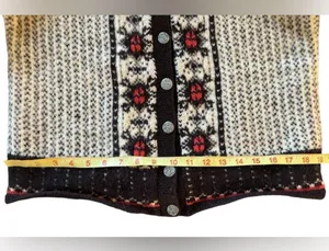 VTG Wool Chunky Knitted Cardigan Sweater M Black Cream Red Metal Scroll Buttons thumbnail 13