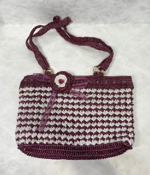 Vintage Handmade Purple White‎ Crochet Nylon Tote Bag Floral Heart Detail Boho thumbnail 1
