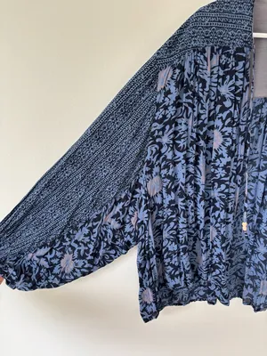 Free People Blue Floral Tie Front Cardigan Ballon Sleeve Boho Peasant Multiprint thumbnail 4