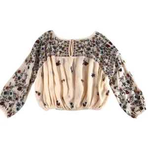 FREE PEOPLE Wild Flowers Embroidery Blouse Sz S Cream Crepe Boho Western Gypsy thumbnail 6