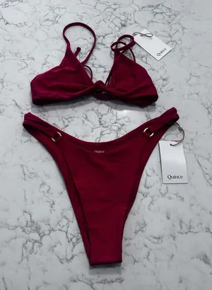 NWT Quince Cherry Red Knot Tie Bikini Top & Italian High-Leg Ring Bikini Bottom thumbnail 1