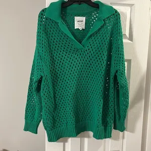 Aerie Kelly Green Open Knit Polo Sweater Sz M thumbnail 1