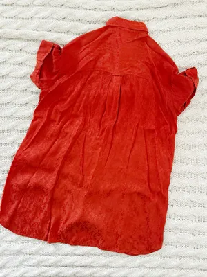 Sézane Rust-Orange Satin Button-Down Short Sleeve Shirt Dress thumbnail 3