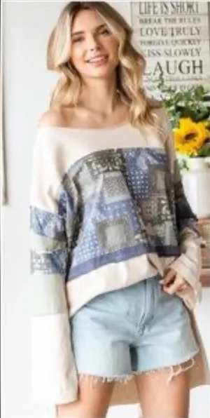 Oli & Hali Blue and Cream Patchwork Long Sleeve High/Low Top size Small thumbnail 1