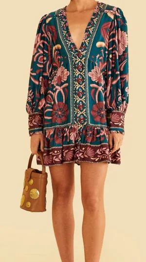 Farm Rio‎ Seashell Tapestry Teal Mini Dress NWT XXS Boho thumbnail 1