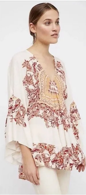 Free People Sunset Dreams Printed Tunic Size XS Ruffle Sleeve Bohemian Relaxed thumbnail 1