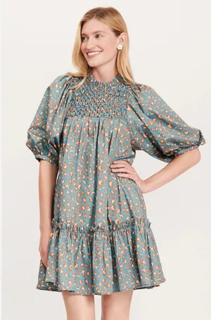 Tyler Böe Blue & Brown Leopard Print Smocked Puff Sleeve Ruffle Dress thumbnail 1