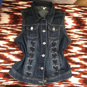Y2K Mcbling Goth Grunge Cyber Punk Denim Jean Corset Lace up Corset Vest Jacket Shirt Top Blouse Navy Blue Cargo Pockets Sleeveless Dark Wash #whimsygoth #preppy #subversive #acubi #academia Size M - measurements in pics thumbnail 1