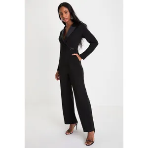 NWT Lulus Impressive Presence Black Collared Straight Leg Jumpsuit Classy Sz L thumbnail 3