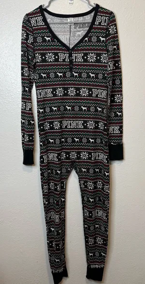 Pink by Victoria’s Secret Fair Isle Dog One Piece Pajamas Union Suit Size Medium thumbnail 1