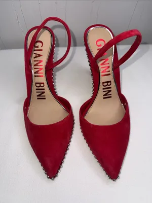 Gianni Bini red suede rhinestones-trimmed slingback pumps thumbnail 2