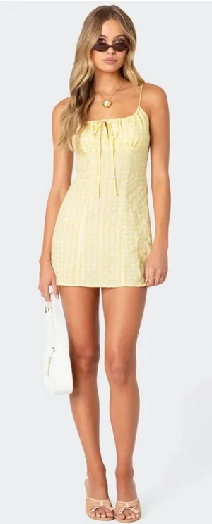 Edikted Butter Yellow & White Gingham Milk Maid Coquette Mini Bodycon Dress thumbnail 1