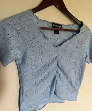 like an angel Powder Blue Eyelet Ruched V-Neck Crop Top thumbnail 1