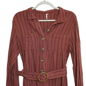 Free People Burgundy Pinstripe Belted Midi Shirt Dress Maroon‎ Academia Boho thumbnail 4
