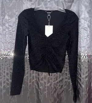 Black Sparkly Ruched Cropped Long Sleeve thumbnail 1