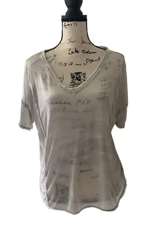 Lucky Brand Women’s Sheer Burnout Oversized T-Shirt White Gray Print Size M thumbnail 1