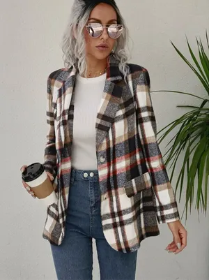 Womens Jing Oni Chic Autumnal Plaid Blazer Winter Coat Jacket - Sz S thumbnail 1