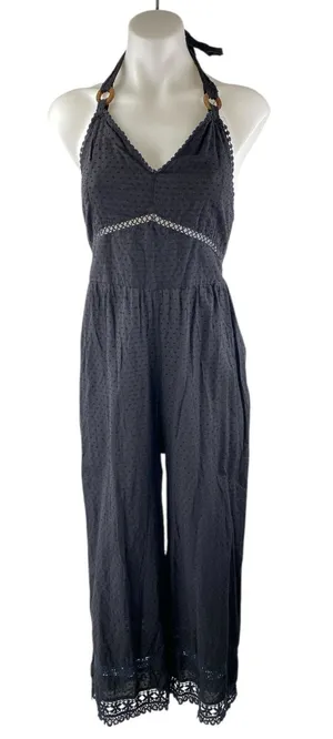 ZARA Black Polka Dot Lace Trim Halter Neck Sleeveless Wide Leg Romper Jumpsuit S thumbnail 1