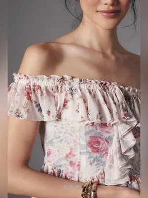 Anthropologie Floral Off-Shoulder Ruffle Crop Top - Pink & Cream thumbnail 3