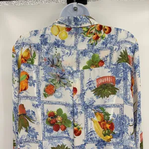 Rose + Olive Fruit Toile Button Shirt Sz L Euro Summer Cottage Resort Peaches thumbnail 7