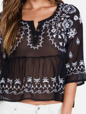 Free People Black and White Sheer Embroidered Peasant Blouse - Size - Medium thumbnail 2