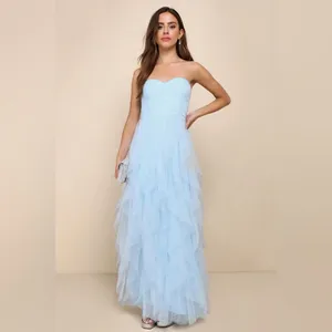 LULU’S Delightful Beauty Blue Mesh Strapless Ruched Ruffled Maxi Dress thumbnail 4