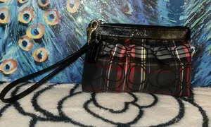 Coach Plaid Signature Wristlet in Red, Black and Tan thumbnail 1