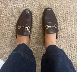 Old Navy Brown Leather-Look Mule Loafers with Gold Hardware thumbnail 1