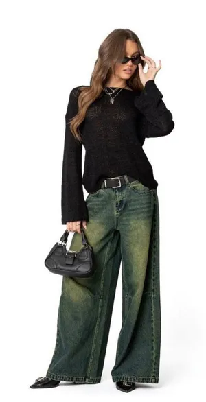 Edikted Women Yellow Sand Wash Wide Leg Baggy Jeans Teal Indigo Size S thumbnail 1