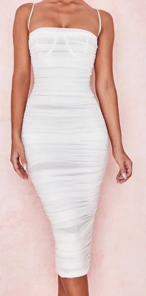 House of CB Sirene Gathered Organza Mesh Dress Ivory, M thumbnail 1