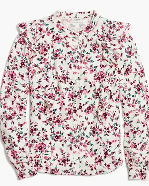 J Crew Floral‎ Printed Ruffle Top Small Multicolor Button Up Preppy Romantic thumbnail 1