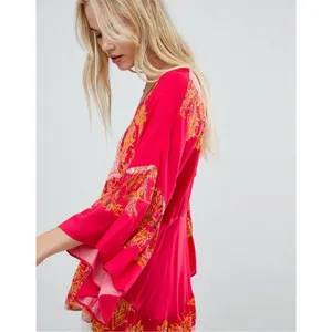 Free People Sunset Dreams printed flare sleeve blouse sz Small red‎ thumbnail 4