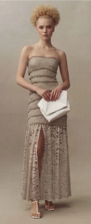 BHLDN Cream Lace Tiered Midi Dress Size M Romantic Boho Chic Wedding Guest Party thumbnail 1
