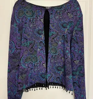 Purple sparkly paisley beaded cardigan with beaded black fringe thumbnail 1