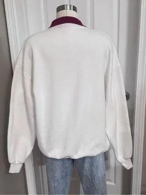 Vintage Fall Leaf Sweatshirt 90s Embellished Collar White Burgundy XL thumbnail 3