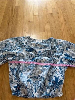 Fisherman's Daughter Blue Palm Cotton Cropped Blouse Sz L thumbnail 4