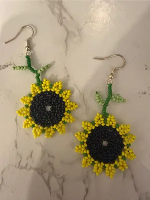 Handmade Beaded Sunflower Dangle Earrings - Yellow & Black thumbnail 1