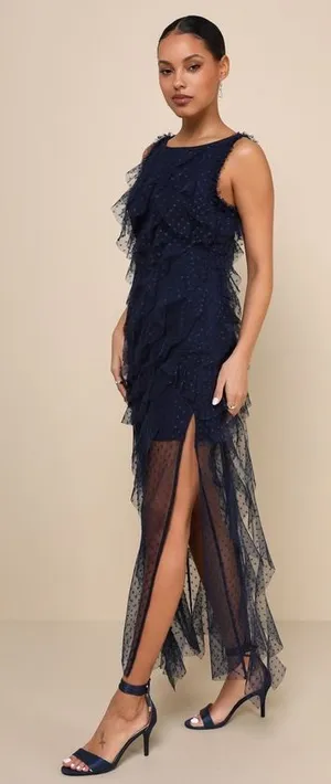 Lulu's Striking Aesthetic Navy Blue Mesh Ruffled Swiss Dot Maxi Dress thumbnail 1