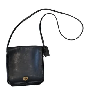 Vintage Coach Black Leather Crossbody Satchel Bag With Brass Turnlock thumbnail 1
