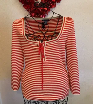 🚨🚨🚨BOGOHO🚨🚨🚨Boston Proper Striped Lace-Up Top - Red & Gold Shimmer-M thumbnail 1